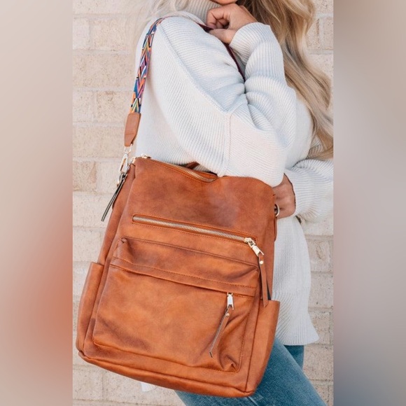 Boho Convertible Backpack Purse — Vegan Leather Camel Tan Bag with Aztec Strap - Picture 3 of 15